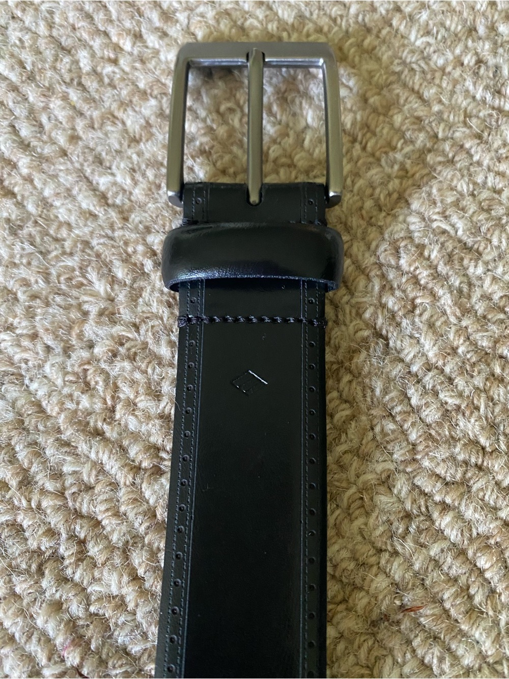 Men's Black Leather Belt with Brushed Metal Buckle & perforated design
